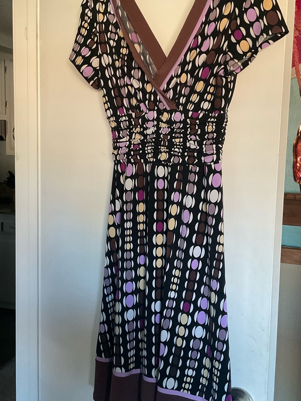 Ladies Medium Geometric Print V-Neck Women's Dress - Purple & Cream